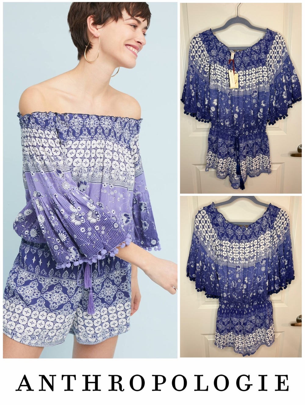 Anthropologie x RAGA Mazo Pommed Romper Off-Shoulder Bell-Sleeved Boho Size XS